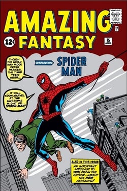 Amazing Fantasy #15 (August 1962) first introduced the character. It was a gateway to commercial success for the superhero and inspired the launch of The Amazing Spider-Man comic book. Cover art by penciller Jack Kirby and inker Steve Ditko.