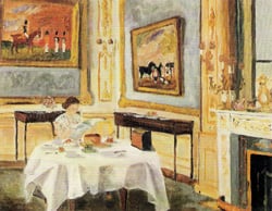 Her Majesty the Queen at Breakfast painted by her husband in 1957. Biographer Robert Lacey described the painting as "a tender portrayal, impressionistic in style, with brushstrokes that are charmingly soft and fuzzy".