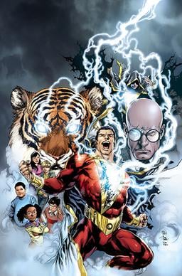 Alternate cover for Justice League (Vol. 2) #0 (Nov. 2012). Clockwise from bottom/front: Shazam!, Eugene Choi, Darla Dudley, Pedro Peña, Freddy Freeman, Mary Bromfield, Tawny, Black Adam, and Doctor Sivana. Art by Ivan Reis.