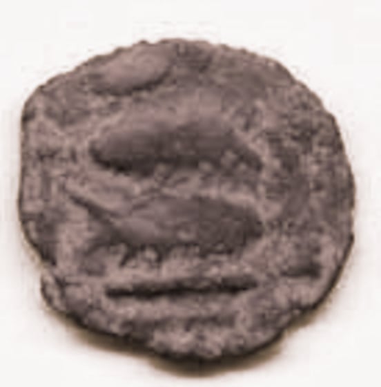 One of the early coins of the Pandyas showing their emblem of the two fishes.