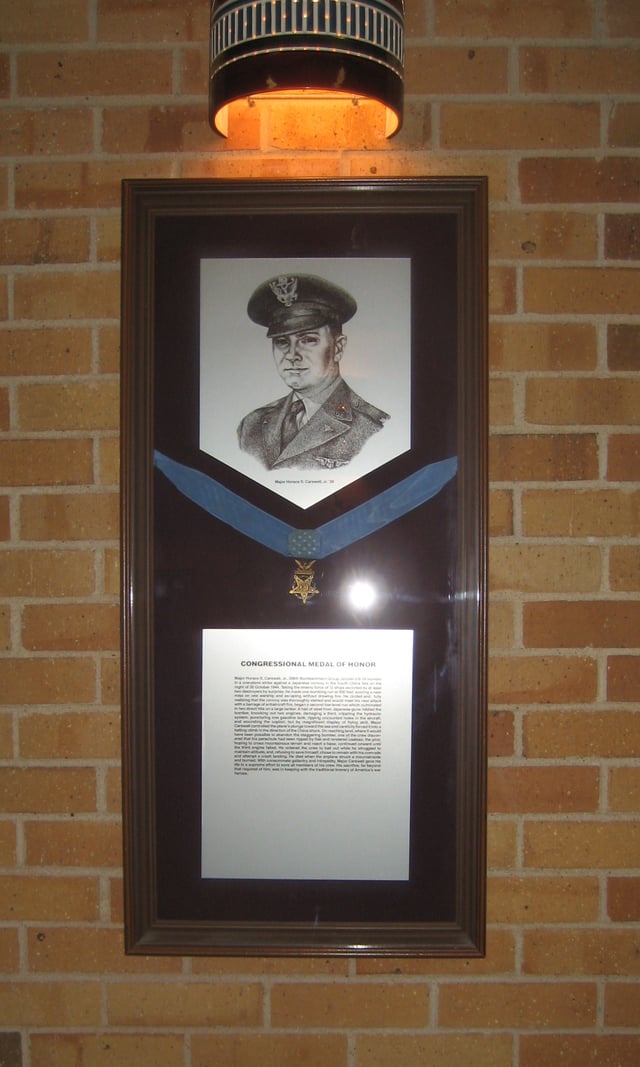 Specimen Medals of Honor were on display at the Memorial Student Center (MSC) on the Texas A&M campus for each of the University's eight recipients, including Horace S. Carswell's medal (pictured above as displayed in 2007). The medals were temporarily on display in Rudder Tower during renovation of the MSC until their refurbished Hall of Honor was completed.