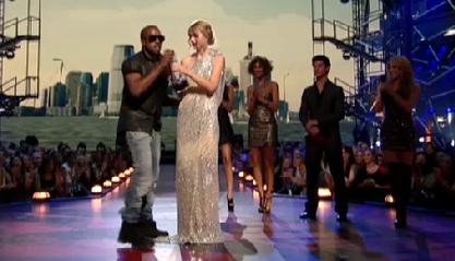 West taking the microphone from Swift at the 2009 MTV Video Music Awards.