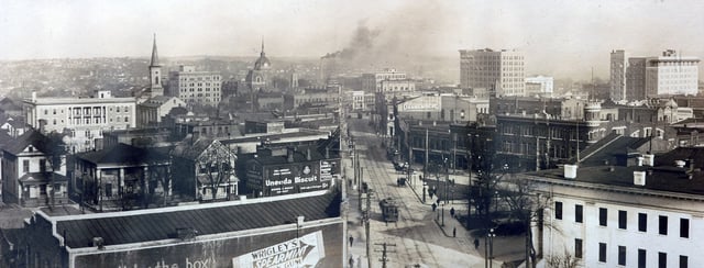 Downtown Macon in the early 1900s,  looking northeast near the intersections of Cotton Avenue, First Street and Poplar Street.