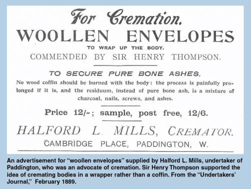 Advertisement for woollen envelopes to wrap the body in for cremation, appearing in the Undertaker's Journal, 1889.