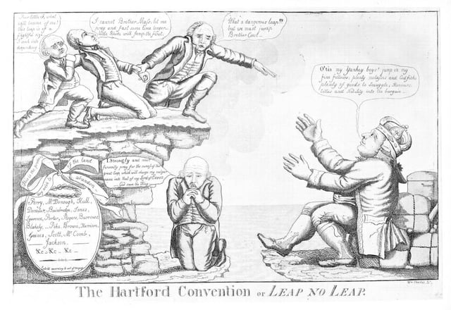 A political caricature of delegates from the Hartford Convention deciding whether to leap into the hands of the British, December 1814. The convention led to widespread fears that the New England states might attempt to secede from the United States.