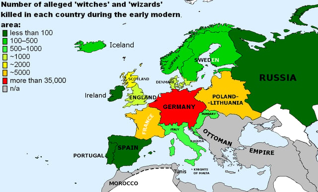 Number of alleged witches and wizards killed in each European country during Early Modern Era