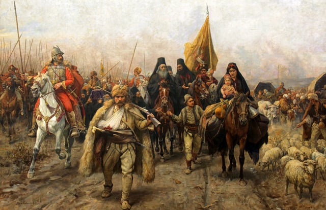 Migration of the Serbs a painting by Paja Jovanović, depicting the Great Serb Migrations led by Patriarch Arsenije III Carnojevic, 17th century.