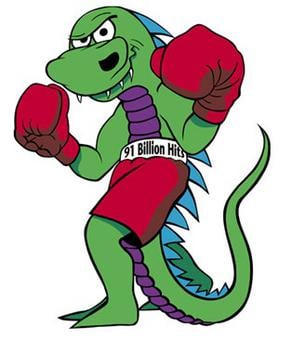 The original green and purple Mozilla mascot, a Godzilla-like lizard which represented the company's goal of producing the browser that would be the "Mosaic killer"
