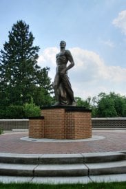 A 2005 bronze replica of "The Spartan" (nicknamed "Sparty") replaces Leonard D. Jungwirth's modernist original.