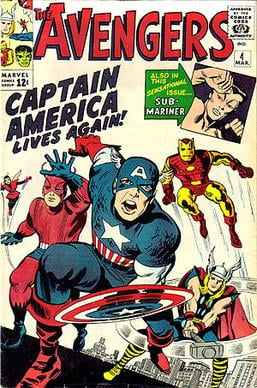 The Avengers #4 (March 1964), with (from left to right), the Wasp, Giant-Man, Captain America, Iron Man, Thor and (inset) the Sub-Mariner. Cover art by Jack Kirby and George Roussos.