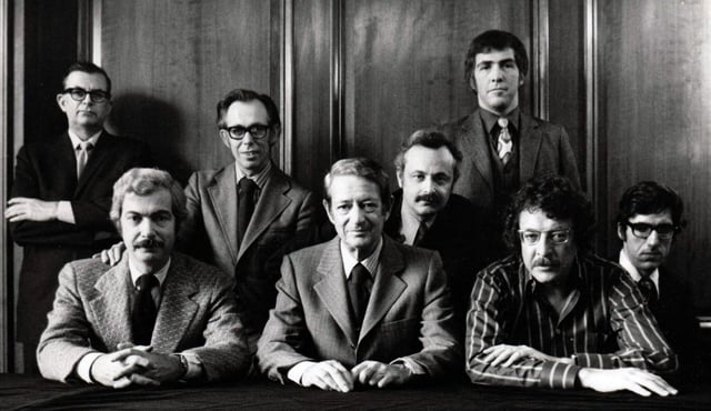 The Editorial Board of Playboy in 1970. Back, left to right: Robie Macauley, Nat Lehrman, Richard M. Koff, Murray Fisher, Arthur Kretchmer; front: Sheldon Wax, Auguste Comte Spectorsky, Jack Kessie.