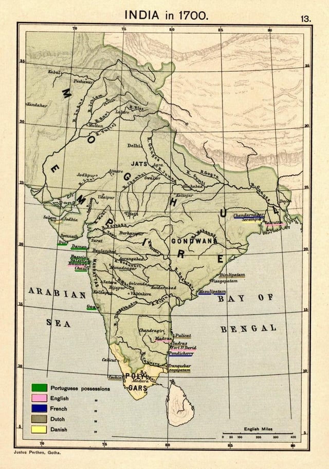 A map of the Mughal Empire at its greatest geographical extent, c. 1700 CE