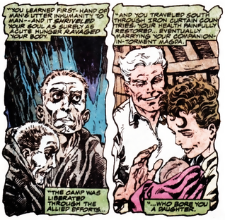 (Left) Max and Magda escape from the Auschwitz-Birkenau death camp; (Right) Max and Magda with their daughter Anya. Art from X-Factor Annual #4 (1989) by John Byrne.