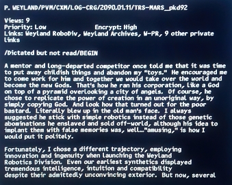 Screen capture of DVD bonus feature from Prometheus (2012), a dictated letter by Peter Weyland about Eldon Tyrell, Chief Executive Officer of the Tyrell Corporation