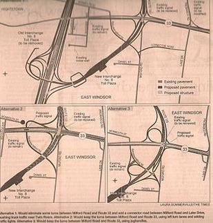 Three proposals for new exit 8 in East Windsor. Alternative 1 was chosen (with a few changes)