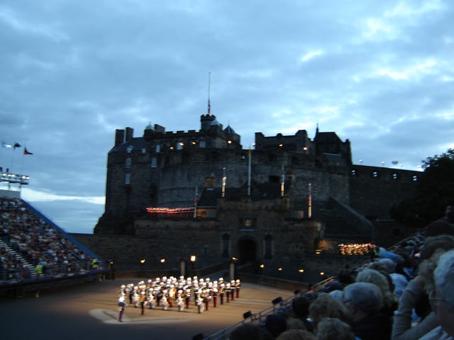 Pipers emerging from Edinburgh Castle during the Edinburgh Military Tattoo