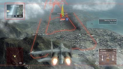 The ERS in H.A.W.X: The player's plane, shown from the third person view, is escaping an incoming missile. ERS has rendered an escape path (red triangles) which the player should follow.