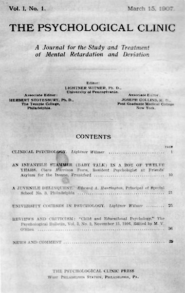 Cover of The Psychological Clinic, the first journal of clinical psychology, published in 1907 by Lightner Witmer