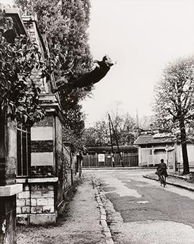 Conceptual work by Yves Klein at Rue Gentil-Bernard, Fontenay-aux-Roses, October 1960, photo by Shunk Kender. Le Saut dans le Vide (Leap into the Void)