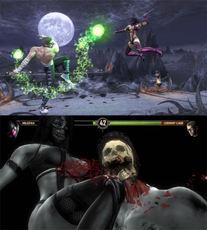 A montage of two screenshots from the game, showing a fight between Johnny Cage and Mileena (not displaying the HUD) and the new "X-ray move" feature (showing the same characters and the HUD)