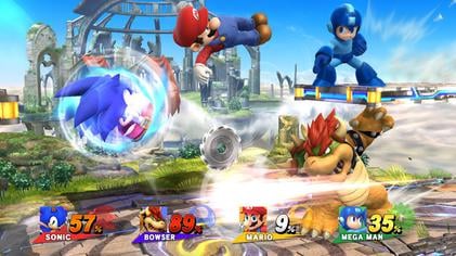 Wii U gameplay featuring (from left to right) Sonic, Mario, Mega Man and, at the bottom, Bowser.