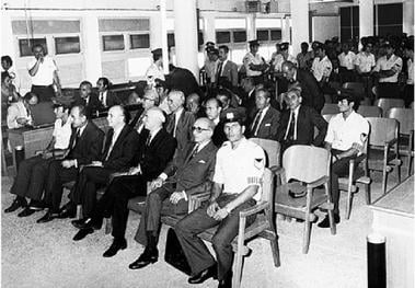 The Junta on trial. Front row (from left): Papadopoulos, Makarezos, Pattakos. Ioannidis can be seen on the second row, just behind Pattakos.