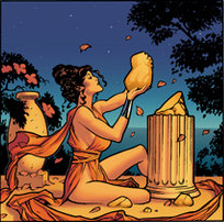 Queen Hippolyta uses the soil of Themyscira to create her daughter Diana. Art by Adam Hughes, "The Origin of Wonder Woman" in 52 no. 12, Sept. 2006