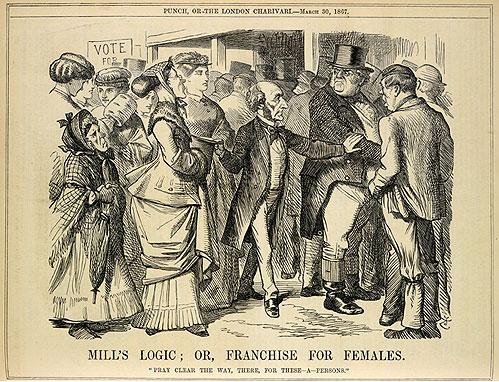 A Punch cartoon from 1867 mocking John Stuart Mill's attempt to replace the term 'man' with 'person', i.e. give women the right to vote. Caption: Mill's Logic: Or, Franchise for Females. "Pray clear the way, there, for these – a – persons."
