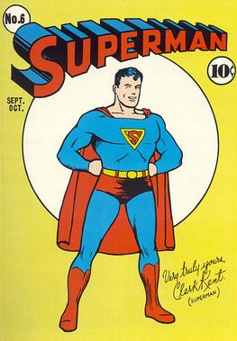 Cover of Superman #6 (September 1940) depicting Superman as he looked like in the Golden Age by his creators Jerry Siegel and Joe Shuster.