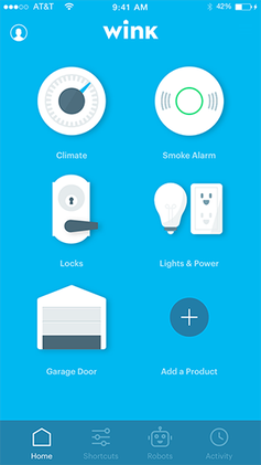 Homescreen of the Wink app for iPhone.