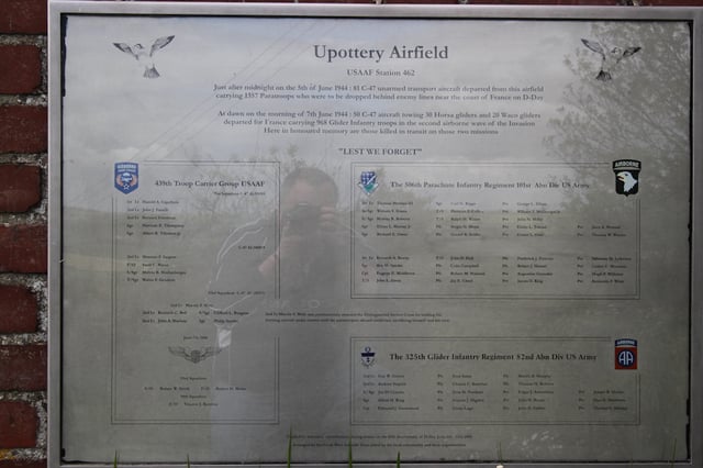 The Memorial plaque near RAF Upottery, Devon, UK showing the names of those who died in transit from the base to France on 5 and 7 June 1944.