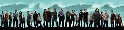 From left to right: Faraday, Boone, Miles, Michael, Ana Lucia, Charlotte, Frank, Shannon, Desmond, Eko, Kate, Jack, Sawyer, Locke, Ben, Sayid, Libby, Sun, Jin, Claire, Hurley, Juliet, Charlie, Richard, Bernard, Rose, and Vincent
