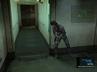 Solid Snake takes cover and peeks around a corner in the Tanker chapter