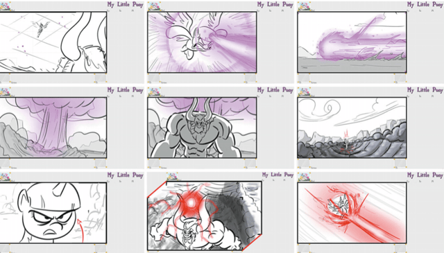 A sample storyboard from the episode "Call of the Cutie" boarded by Sabrina Alberghetti, containing rough sketches of the main characters, rendered backgrounds to establish settings, and instructions for the Flash animators, such as the panning shot shown in the second panel