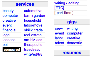 Craigslist website as it appeared on September 4, 2010, with black censored box in place of Adult Services