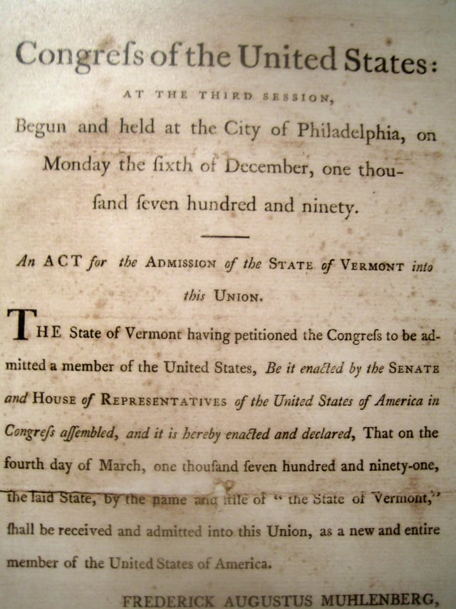 1791 Act of Congress admitting Vermont into the Union