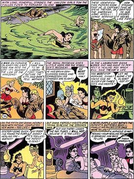 Diana rescues Steve Trevor from the sea and frantically creates the purple ray in order to heal him.