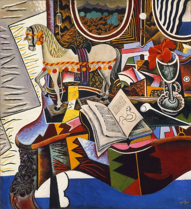Joan Miró, 1920, Horse, Pipe and Red Flower, oil on canvas, 82.6 × 74.9 cm, Philadelphia Museum of Art. Exhibited Exposició d'Art francès d'Avantguarda, Galeries Dalmau, 26 October – 15 November 1920, reproduced in the catalogue