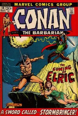Conan the Barbarian No. 14 (March 1972), Elric's first appearance in comics. Cover art by Barry Windsor-Smith