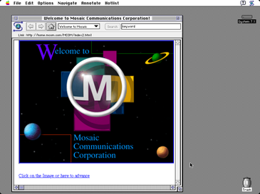 Mosaic 1.0 running under System 7.1, displaying the Mosaic Communications Corporation (later Netscape) website.