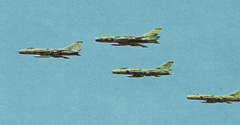 Egyptian Sukhoi Su-7 fighter jets conducting air strikes over the Bar Lev Line on 6 October