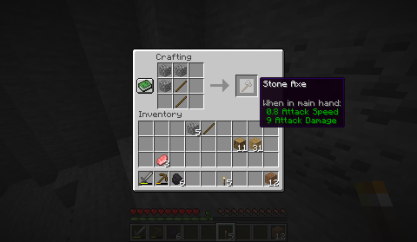 The Minecraft crafting screen, showing the crafting pattern of a stone axe
