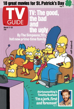 A TV Guide cover from the March 17–23, 1990, issue. The cover story illustrated in the issue focused on the breakout success of the then-freshman Fox series The Simpsons; an interview with Thirtysomething star Timothy Busfield is also previewed in this cover.