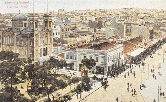 The city of Piraeus and the church of Saint Spyridon; postcard of 1887.