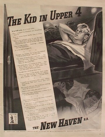 1942 advertisement "The Kid in Upper 4." Passenger traffic temporarily swelled during World War II, but the New Haven itself apologized for its poor quality.
