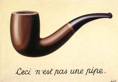 The Treachery of Images by René Magritte (1929), featuring the famous declaration, "This is not a pipe." Los Angeles County Museum of Art