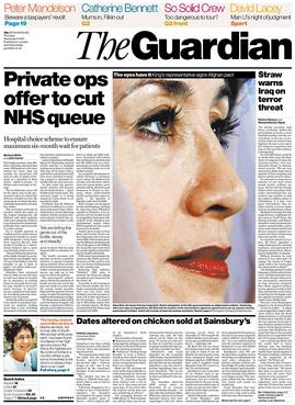 Front page of The Guardian from 2001, showing the old design of the paper when in broadsheet format. This design was used from 1988 to 2005