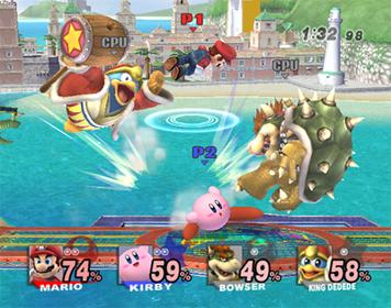 A match between Mario, Kirby, Bowser and King Dedede. The damage meter now displays the name of the character as well as an image of their official artwork.
