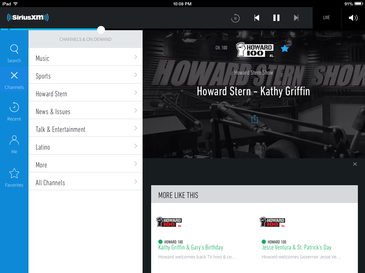 Sirius XM's mobile app (version 3.0), as seen on the iPad Mini
