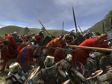 A group of English knights attacking French dismounted feudal knights.